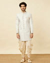 alt message - Manyavar Men Cloud Silver Bel Buti Patterned Indo Western Set image number 2