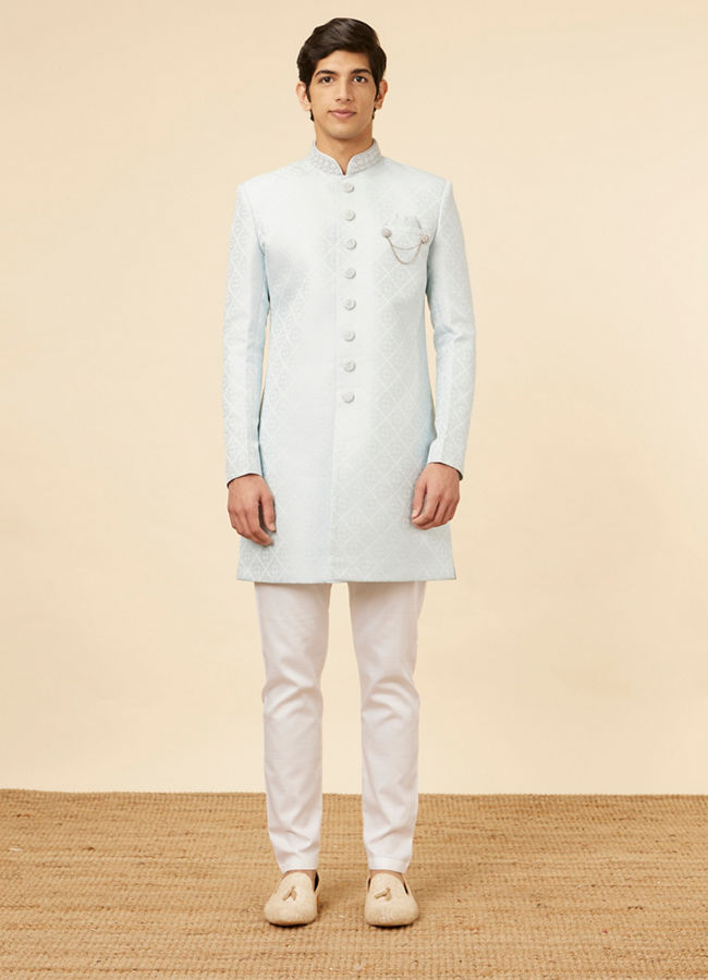 alt message - Manyavar Men Powder Blue Imperial Floral Patterned Indo-Western Set image number 2