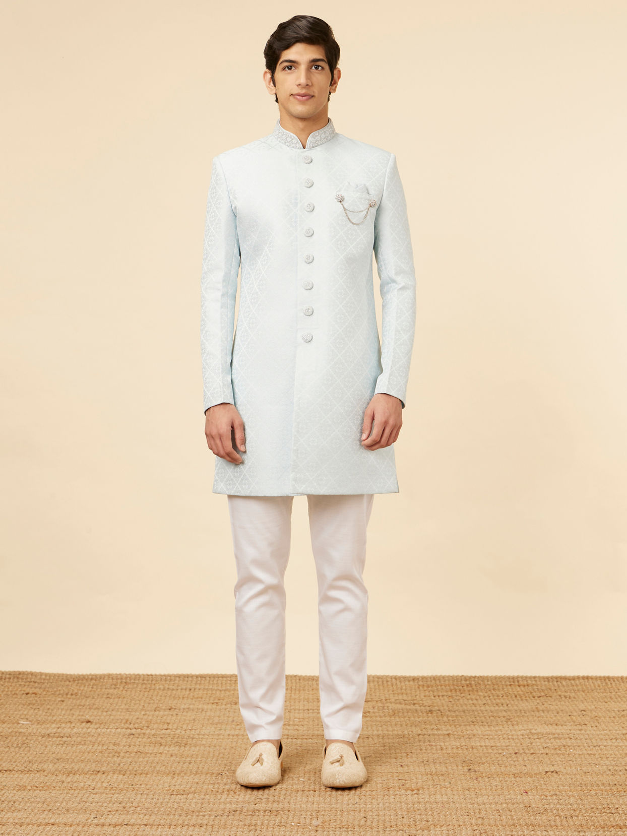 alt message - Manyavar Men Powder Blue Imperial Floral Patterned Indo-Western Set image number 2