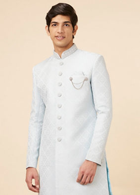 alt message - Manyavar Men Powder Blue Imperial Floral Patterned Indo-Western Set image number 0