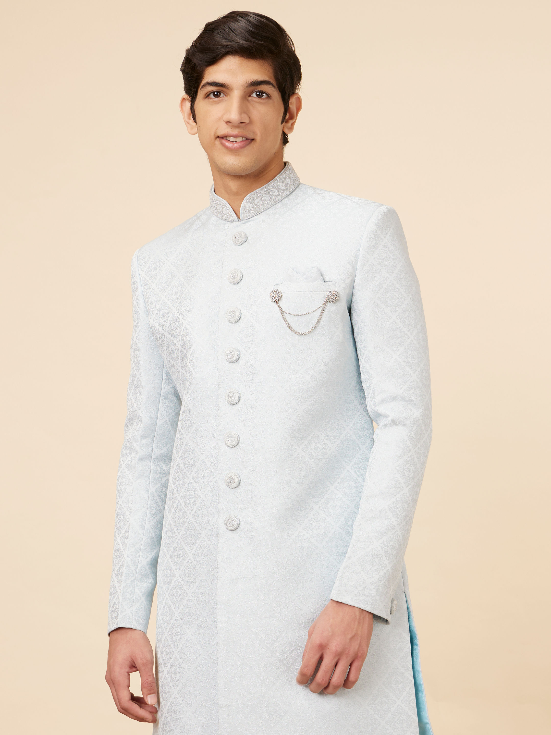 Manyavar Men Powder Blue Imperial Floral Patterned Indo Western Set