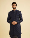 Manyavar Men Navy Blue Bel Buti Patterned Indo Western Set