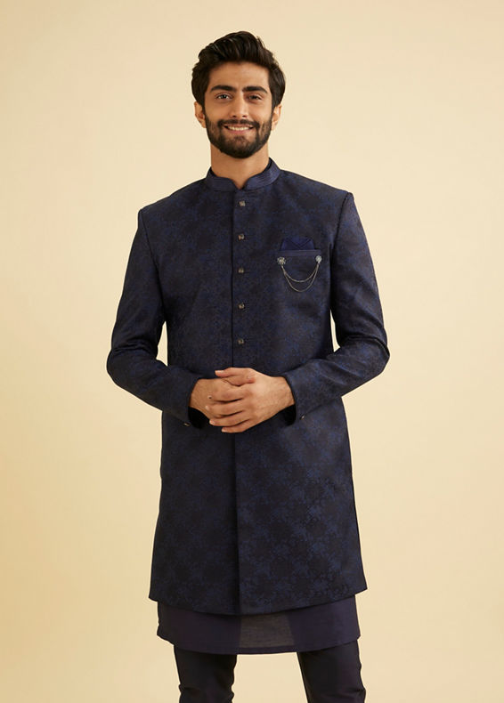 Manyavar Men Navy Blue Bel Buti Patterned Indo Western Set