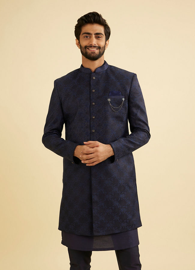 Manyavar Men Navy Blue Bel Buti Patterned Indo Western Set image number 0