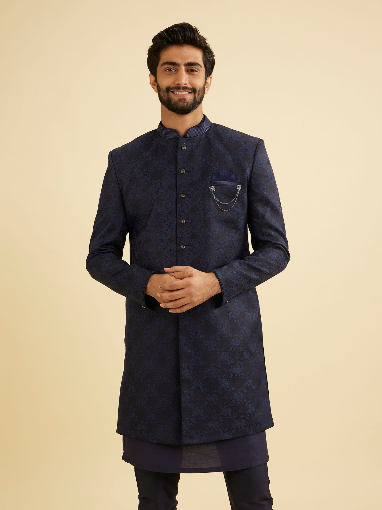 Manyavar Men Navy Blue Bel Buti Patterned Indo Western Set image number 0