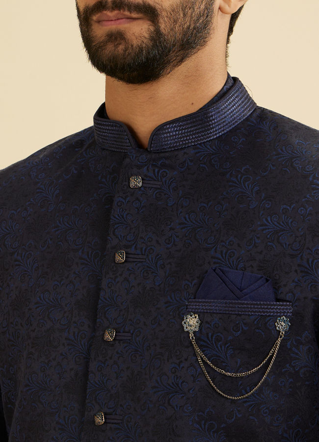 Manyavar Men Navy Blue Bel Buti Patterned Indo Western Set