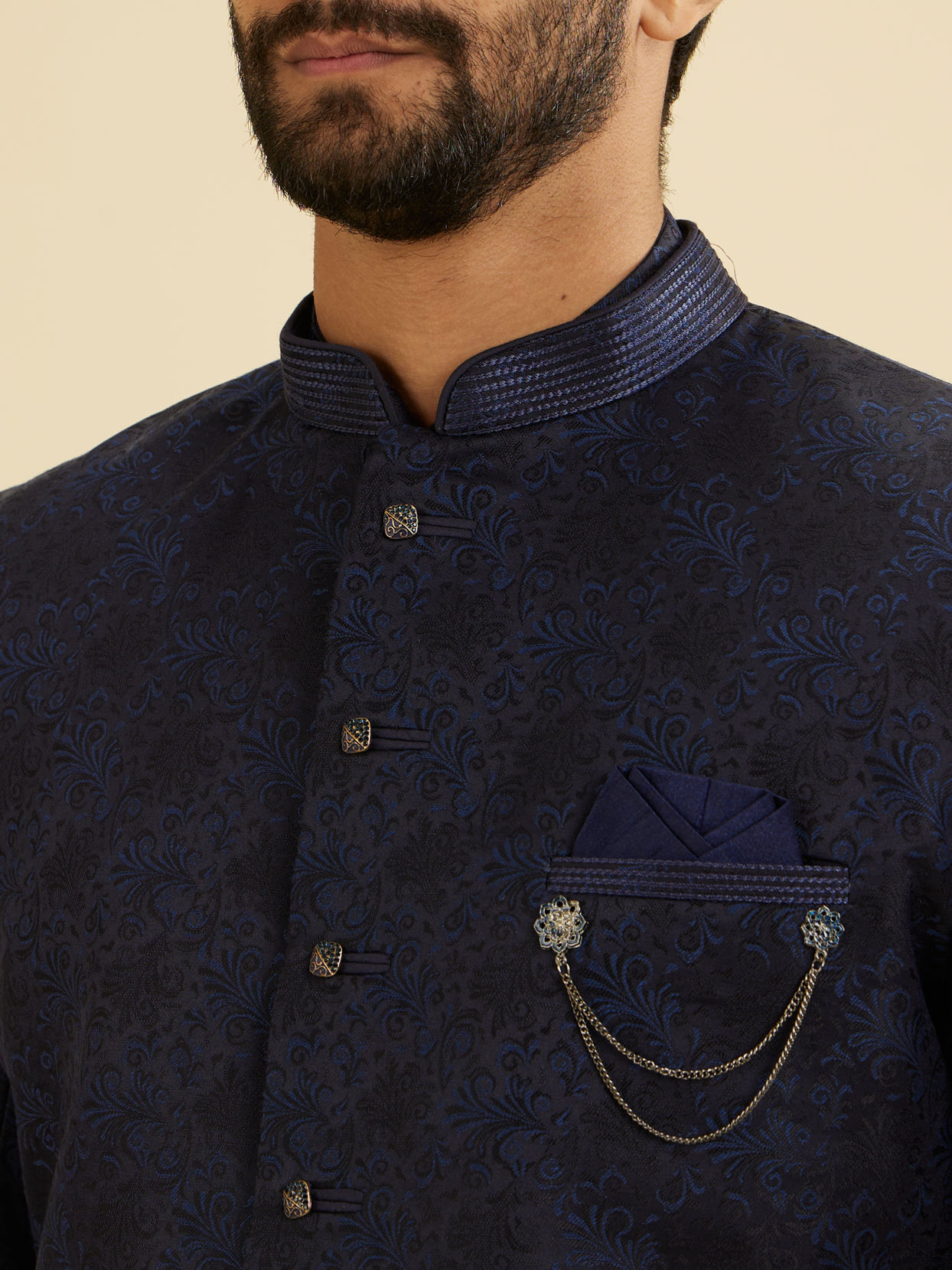 Manyavar Men Navy Blue Bel Buti Patterned Indo Western Set image number 1