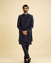 Manyavar Men Navy Blue Bel Buti Patterned Indo Western Set image number 2