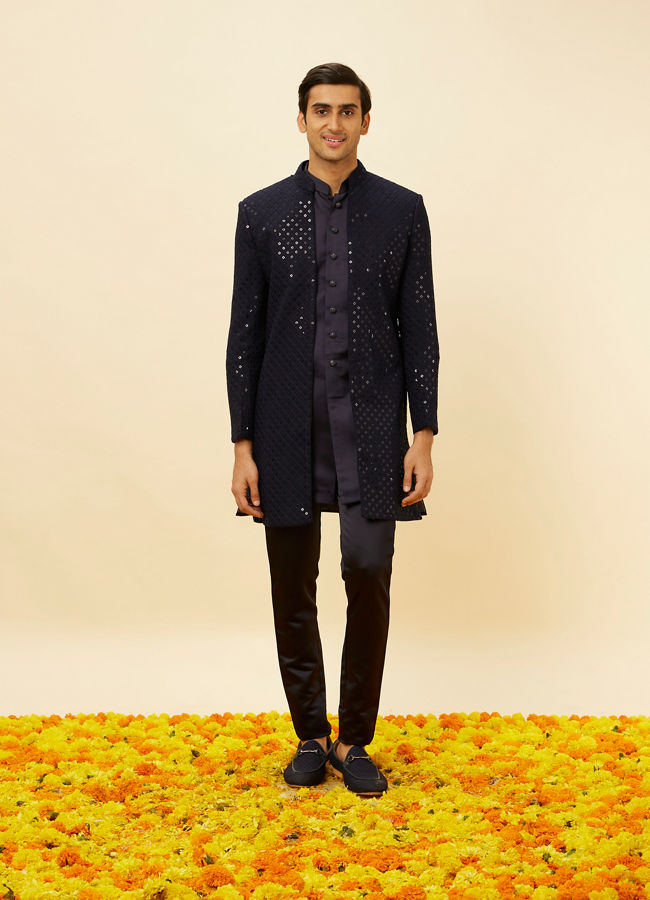 Manyavar Men Violet Blue Diamond Patterned Indo Western Set