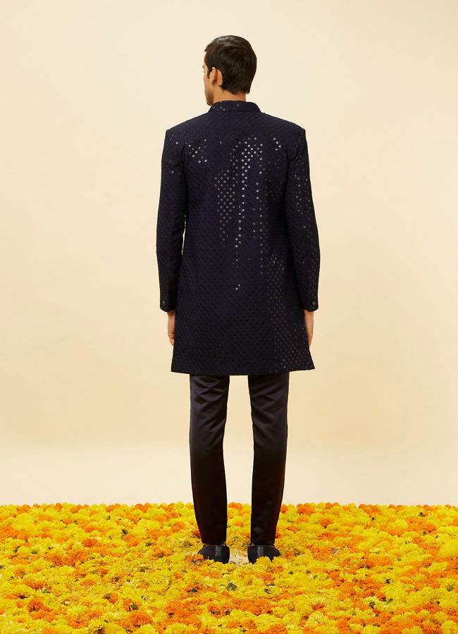 Manyavar Men Violet Blue Diamond Patterned Indo Western Set