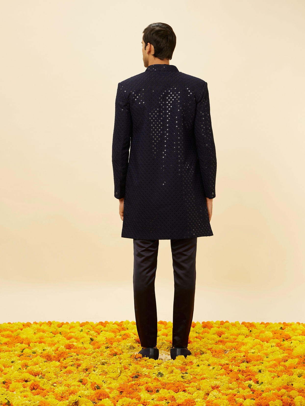 Manyavar Men Violet Blue Diamond Patterned Indo Western Set