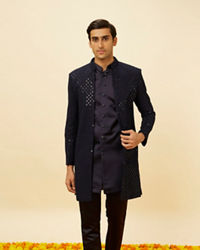 Manyavar Men Violet Blue Diamond Patterned Indo Western Set