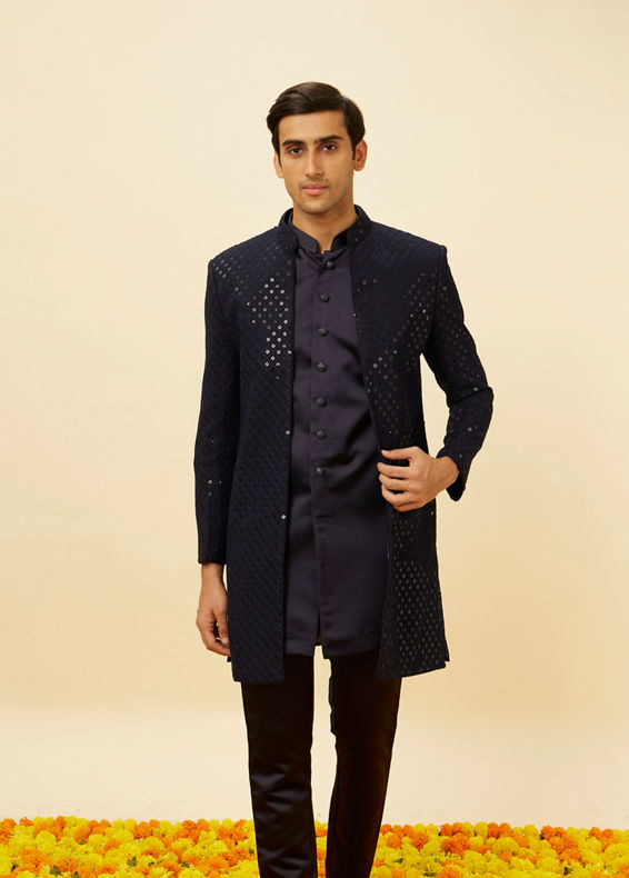 Manyavar Men Violet Blue Diamond Patterned Indo Western Set
