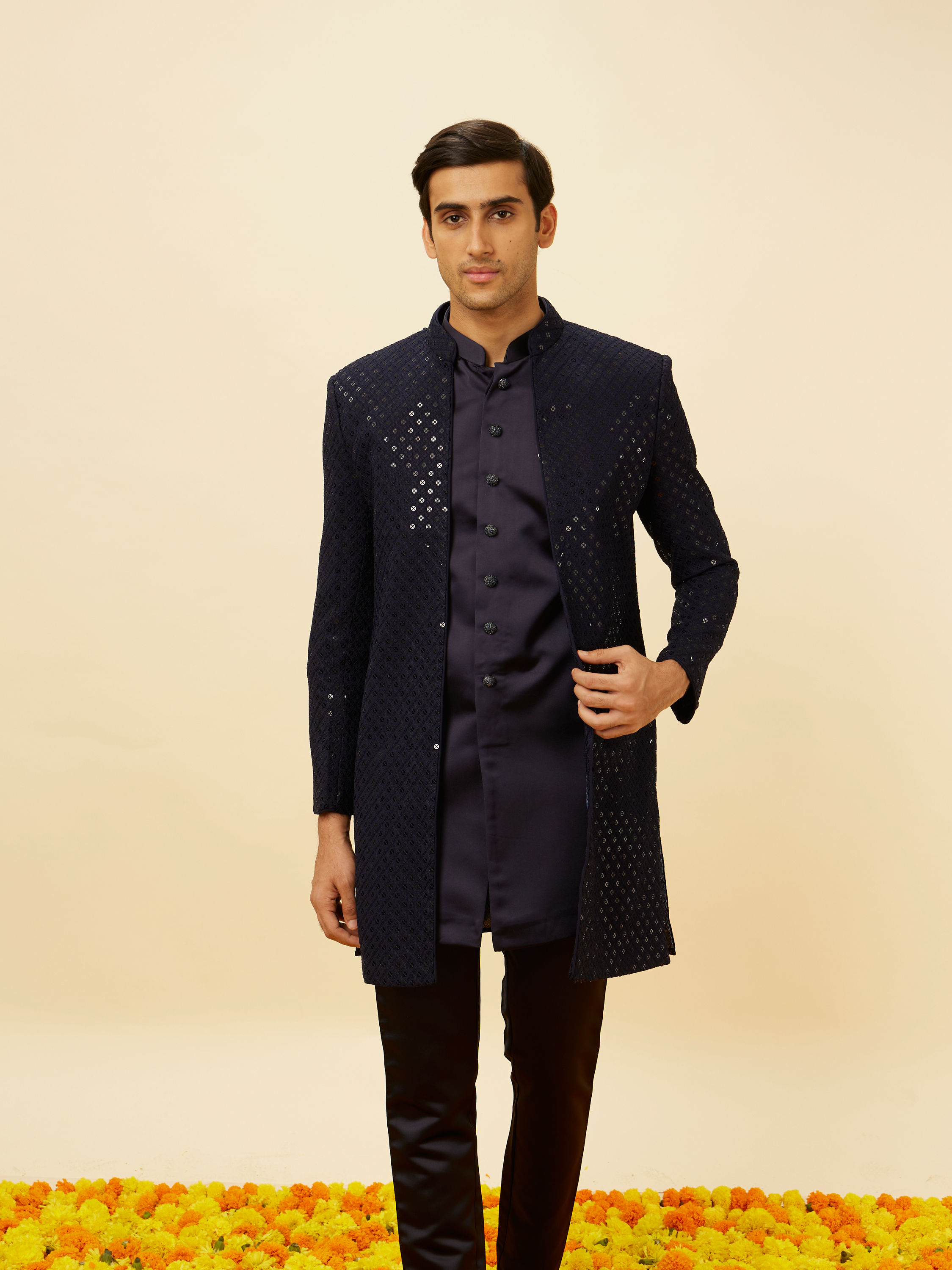 Manyavar Men Violet Blue Diamond Patterned Indo Western Set