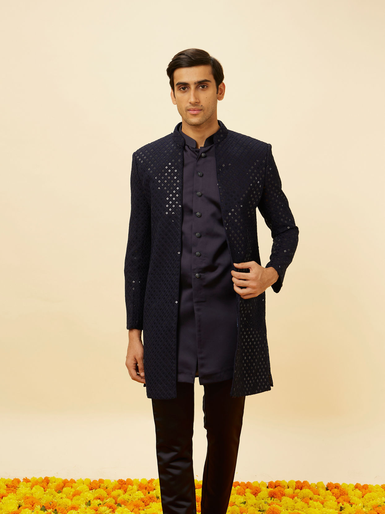 Manyavar Men Violet Blue Diamond Patterned Indo Western Set