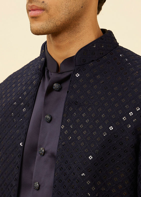 Manyavar Men Violet Blue Diamond Patterned Indo Western Set