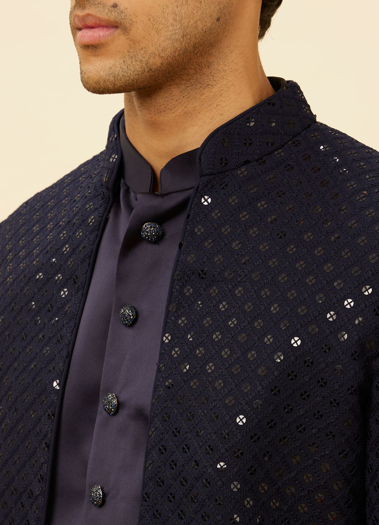 Manyavar Men Violet Blue Diamond Patterned Indo Western Set