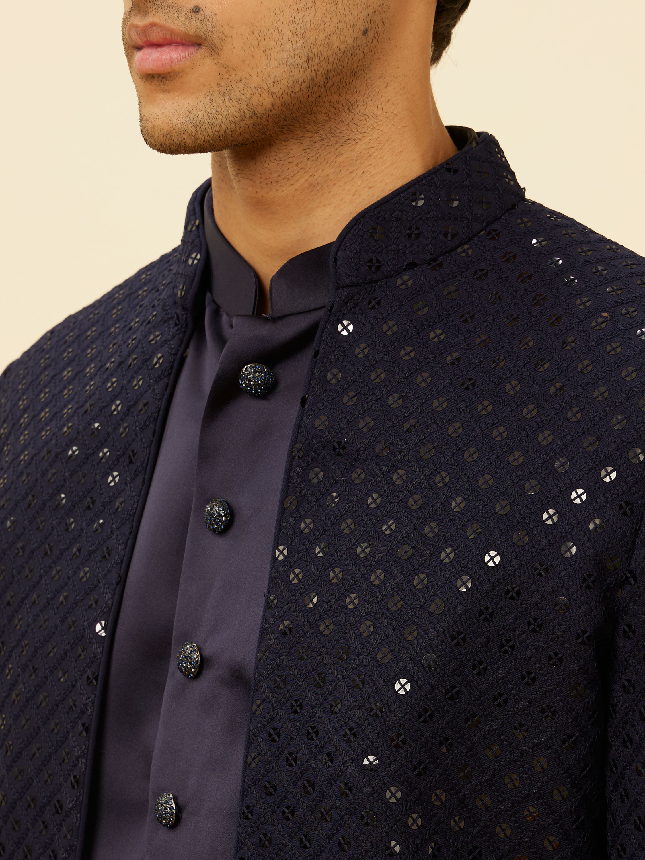 Manyavar Men Violet Blue Diamond Patterned Indo Western Set
