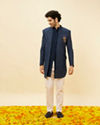 alt message - Manyavar Men Sapphire Blue Ogee Patterned Sequined Indo Western Set image number 2