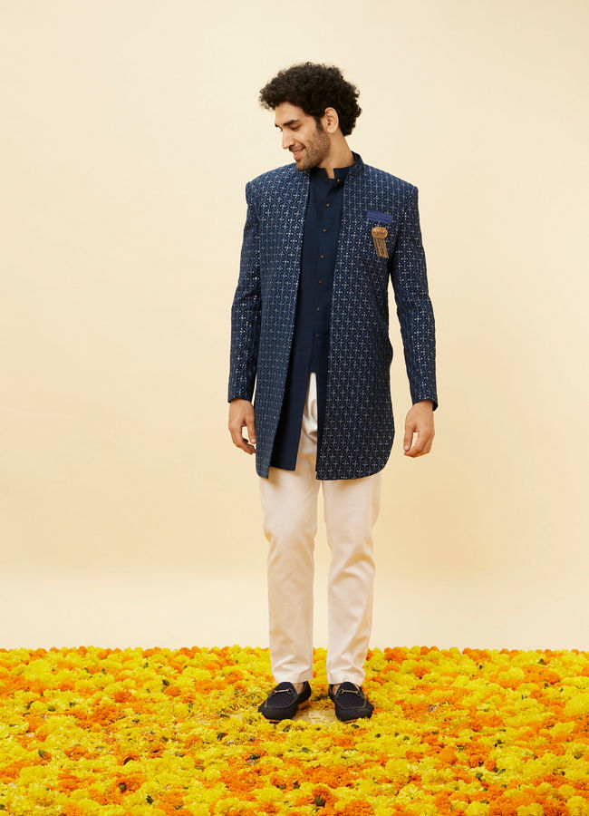 alt message - Manyavar Men Sapphire Blue Ogee Patterned Sequined Indo Western Set image number 2