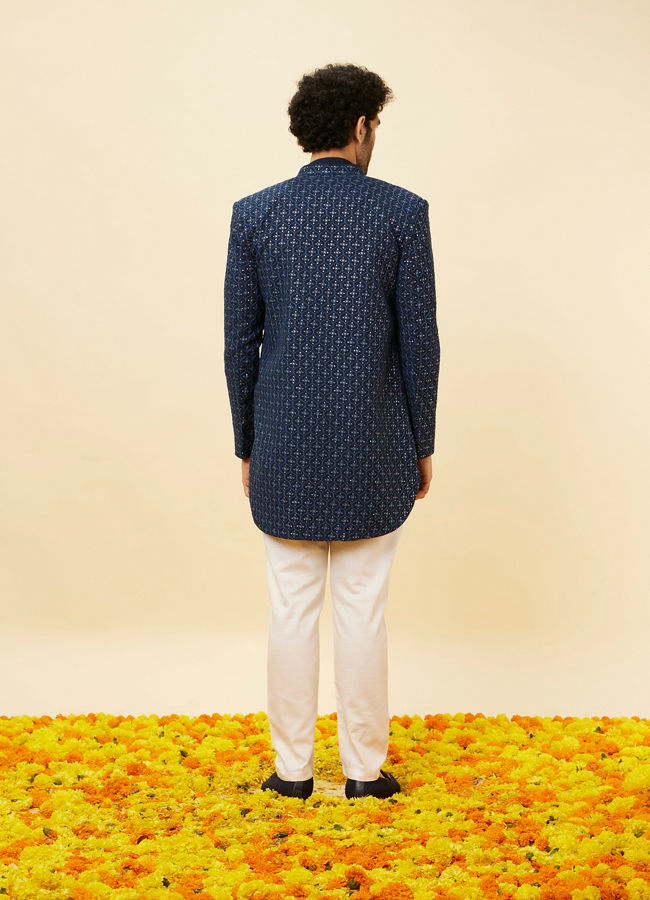 Manyavar Men Sapphire Blue Ogee Patterned Sequined Indo Western Set