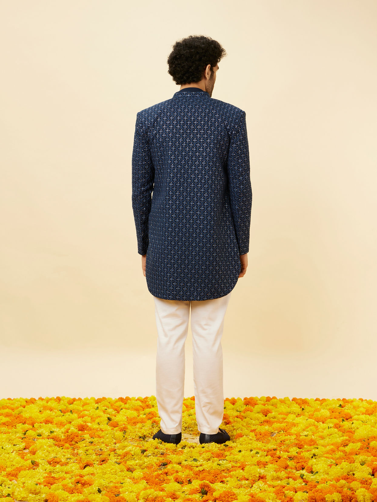 Manyavar Men Sapphire Blue Ogee Patterned Sequined Indo Western Set