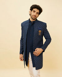 Manyavar Men Sapphire Blue Ogee Patterned Sequined Indo Western Set
