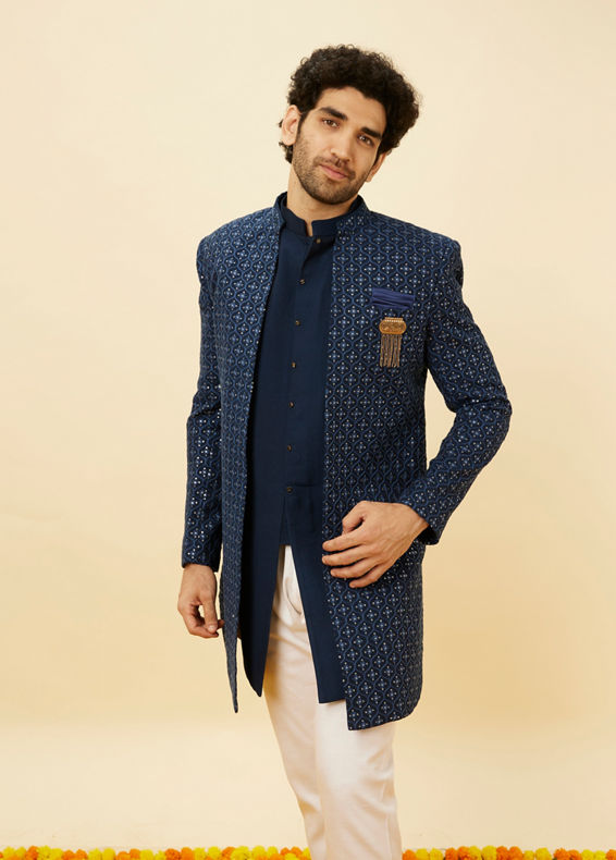 Manyavar Men Sapphire Blue Ogee Patterned Sequined Indo Western Set