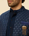 Manyavar Men Sapphire Blue Ogee Patterned Sequined Indo Western Set