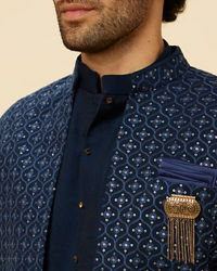 Manyavar Men Sapphire Blue Ogee Patterned Sequined Indo Western Set