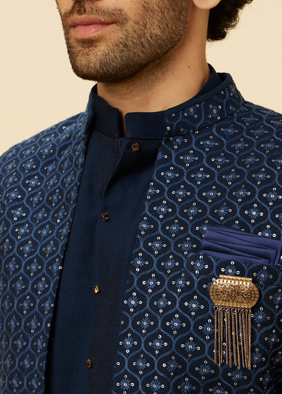 Manyavar Men Sapphire Blue Ogee Patterned Sequined Indo Western Set