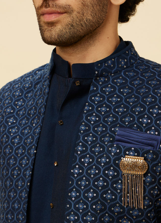 Manyavar Men Sapphire Blue Ogee Patterned Sequined Indo Western Set
