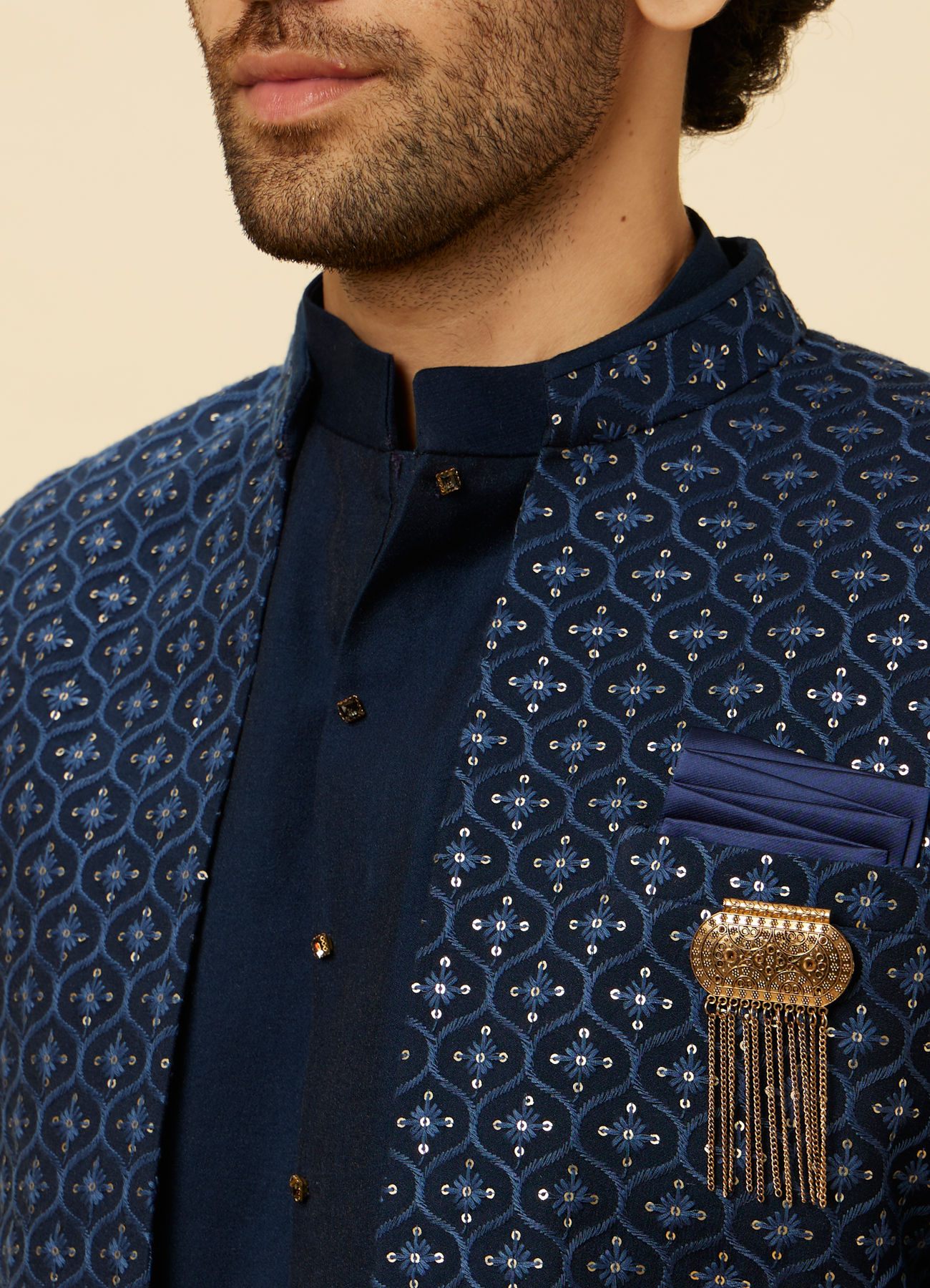 Manyavar Men Sapphire Blue Ogee Patterned Sequined Indo Western Set