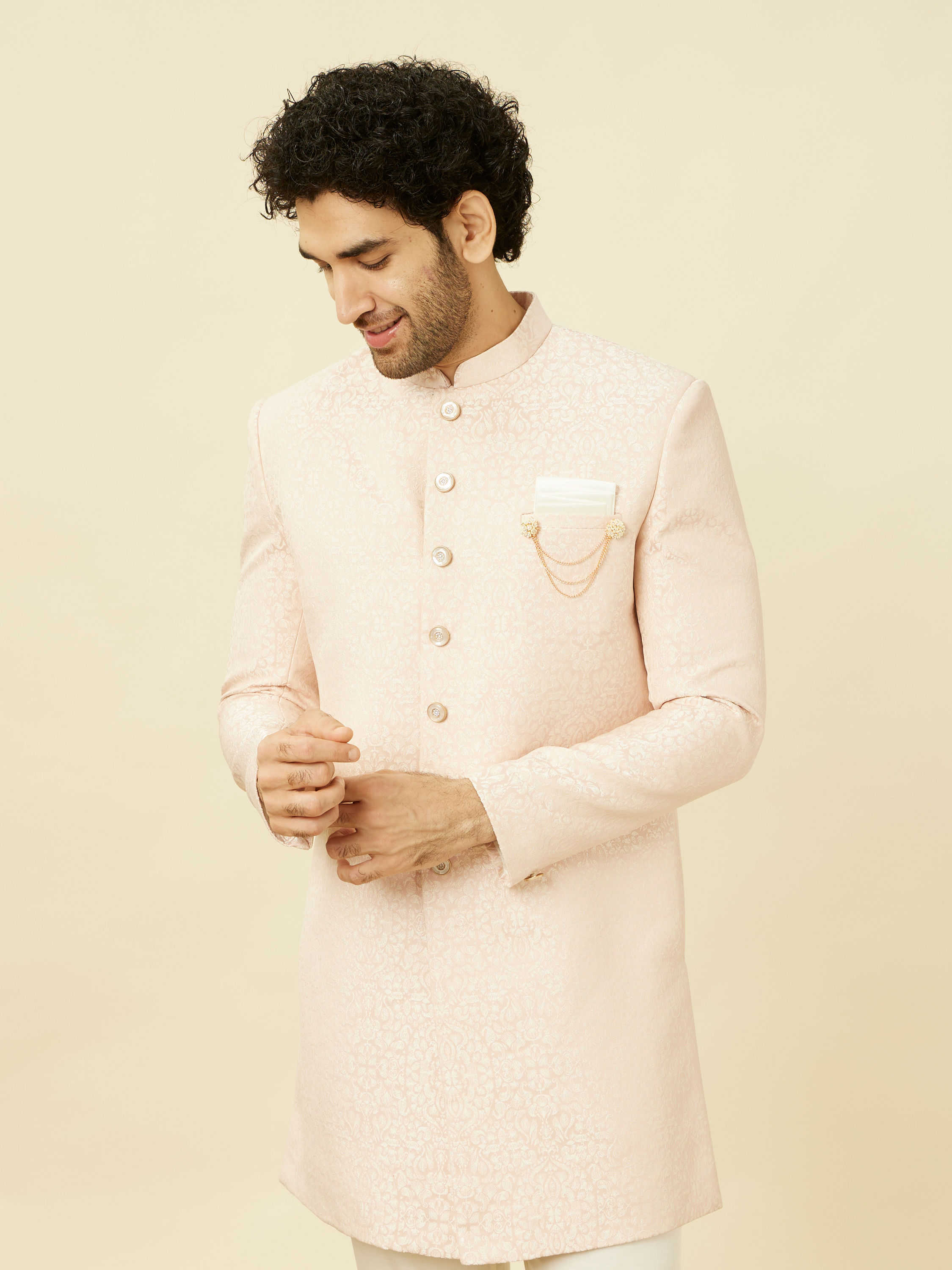 Manyavar Men Crystal Pink Medallion Patterned Indo Western Set