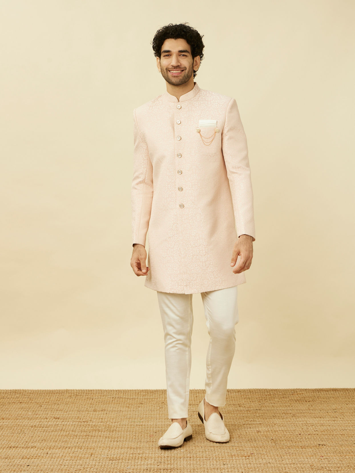 Manyavar Men Crystal Pink Medallion Patterned Indo Western Set