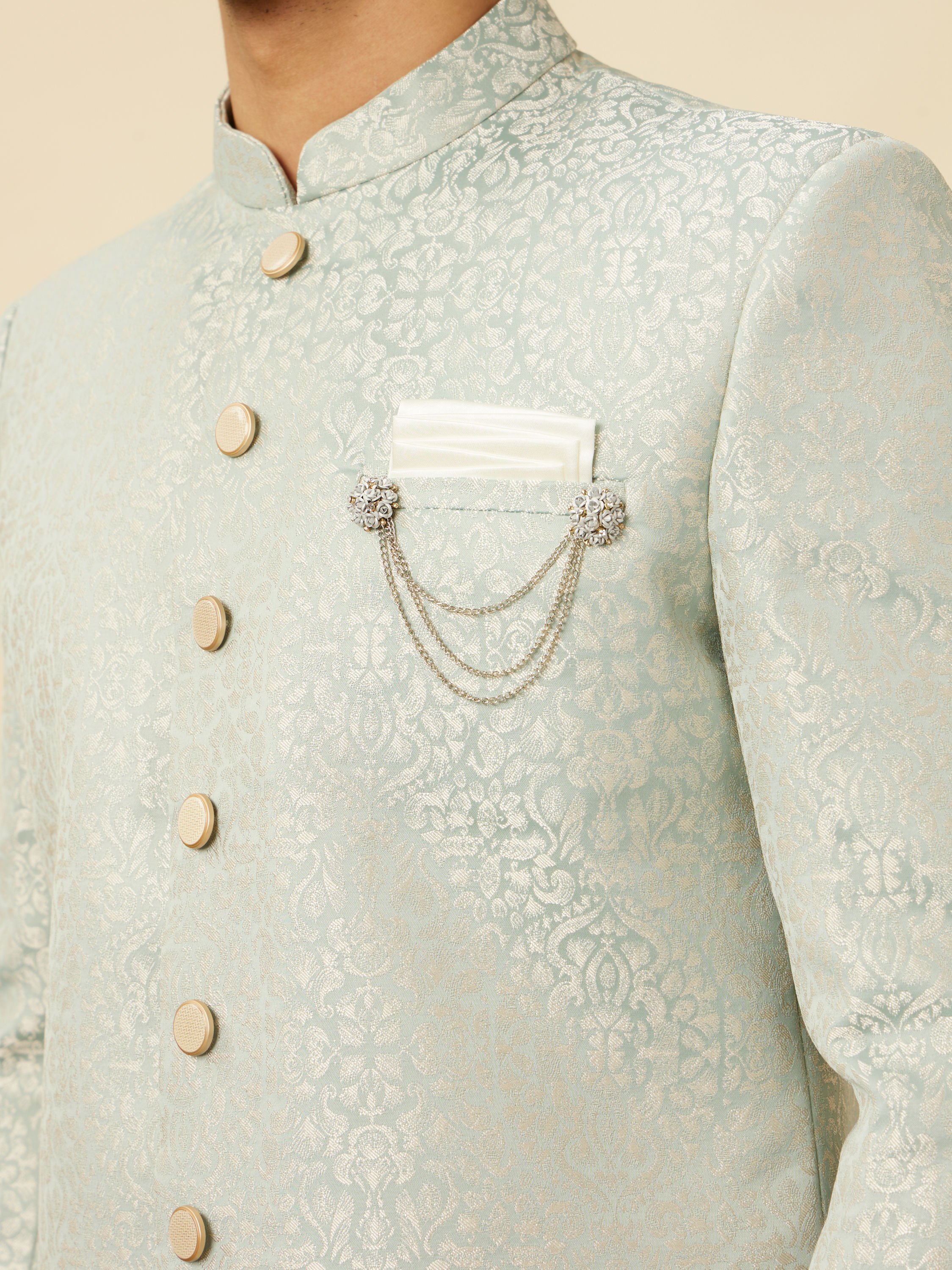 Manyavar Men Delicate Blue Medallion Patterned Indo Western Jacket