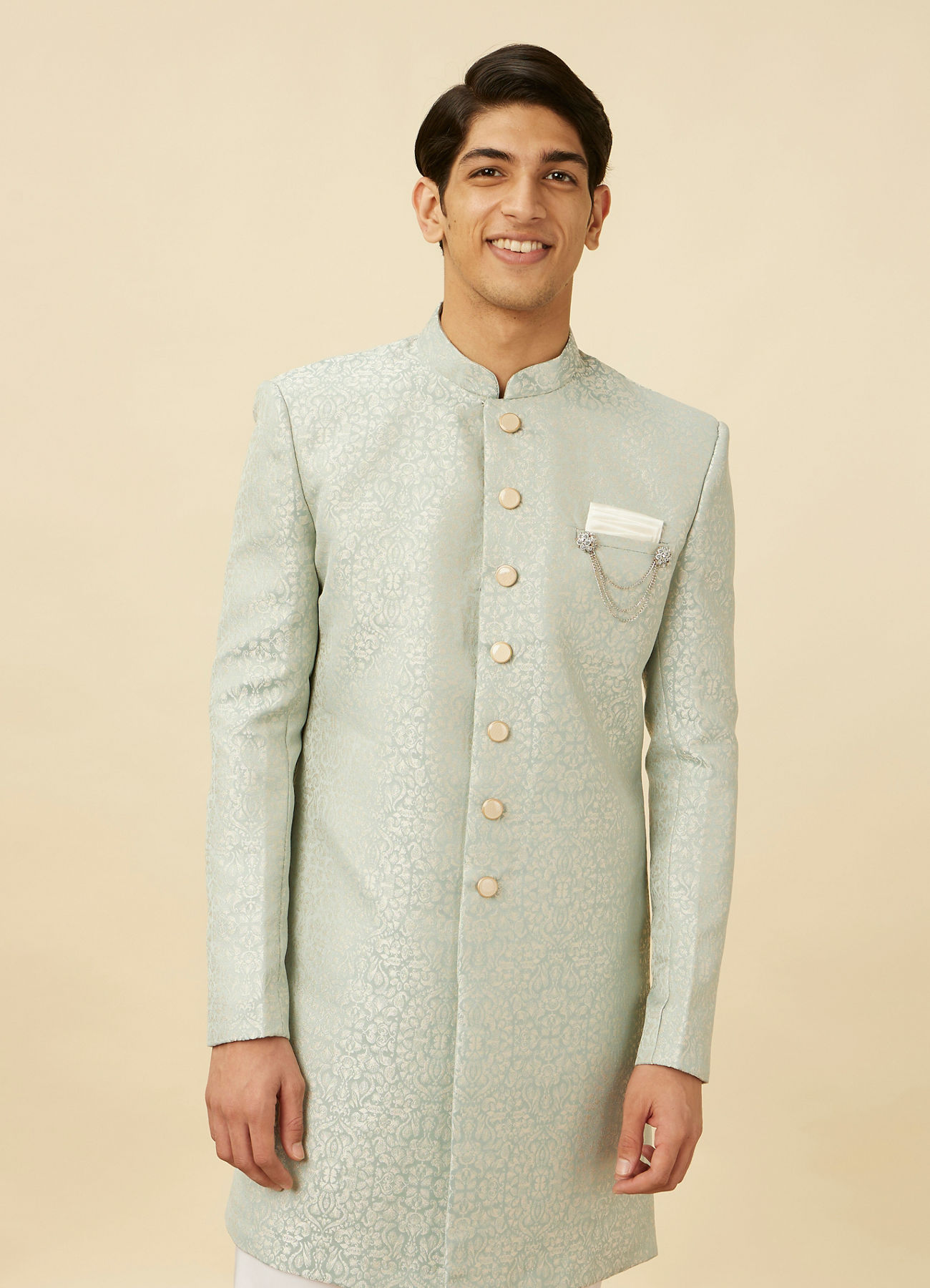 Manyavar Men Delicate Blue Medallion Patterned Indo Western Jacket