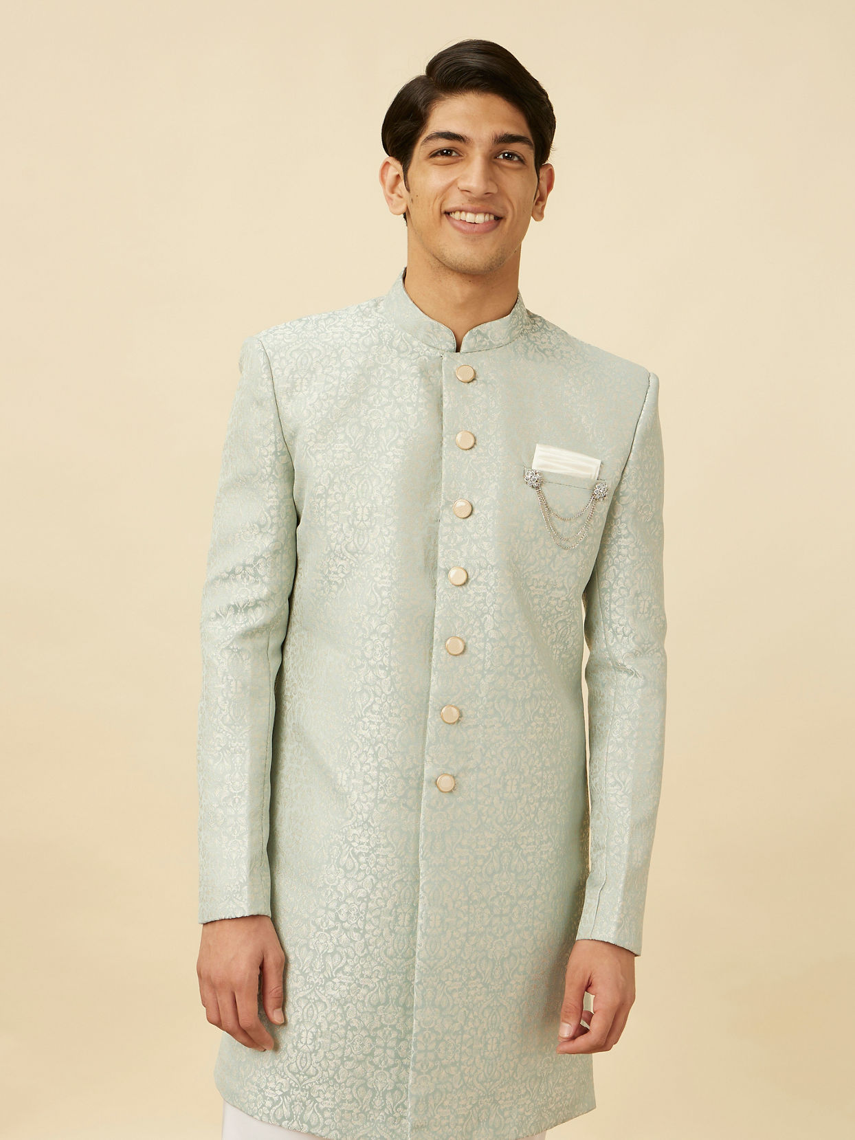 Manyavar Men Delicate Blue Medallion Patterned Indo Western Jacket