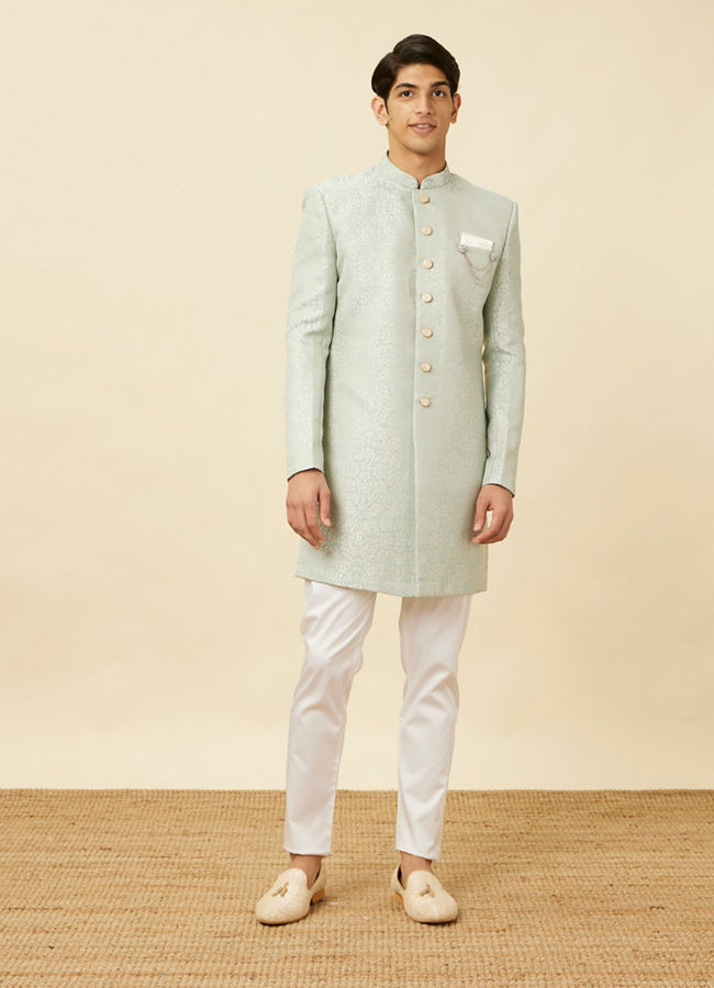 alt message - Manyavar Men Delicate Blue Medallion Patterned Indo Western Jacket image number 2