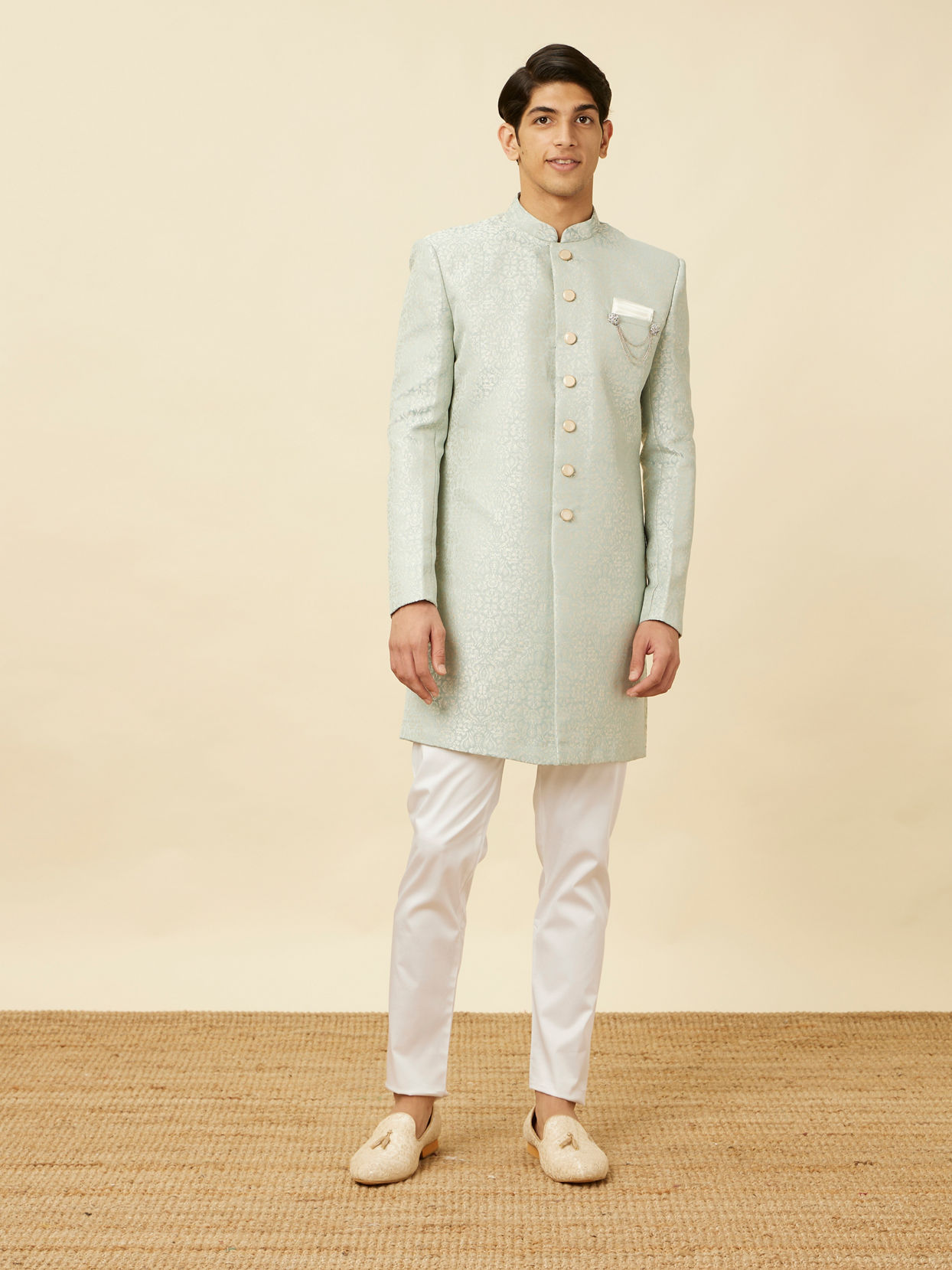 alt message - Manyavar Men Delicate Blue Medallion Patterned Indo Western Jacket image number 2