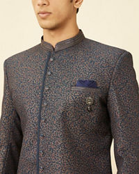 Manyavar Men Royal Blue Bel Buti Patterned Indo Western Set