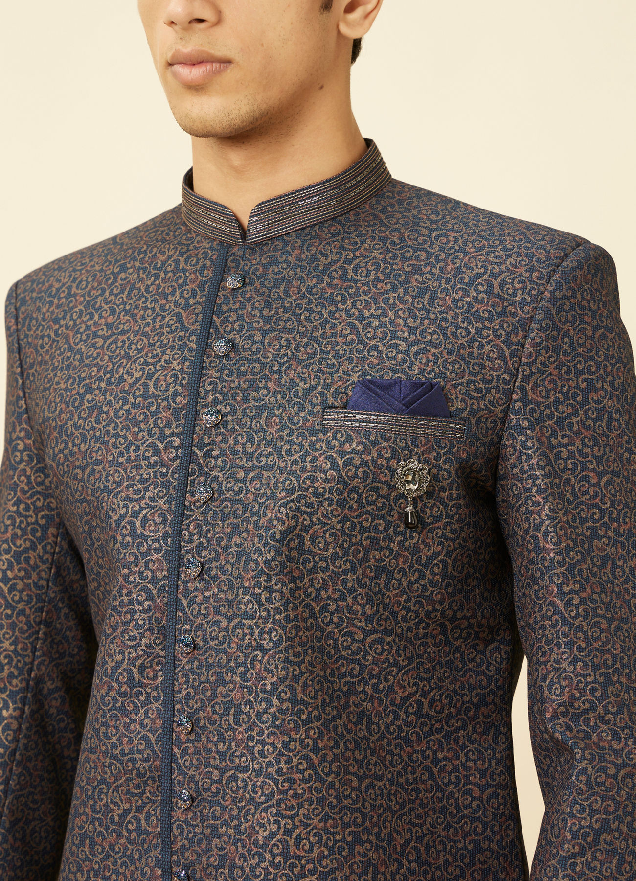 Manyavar Men Royal Blue Bel Buti Patterned Indo Western Set