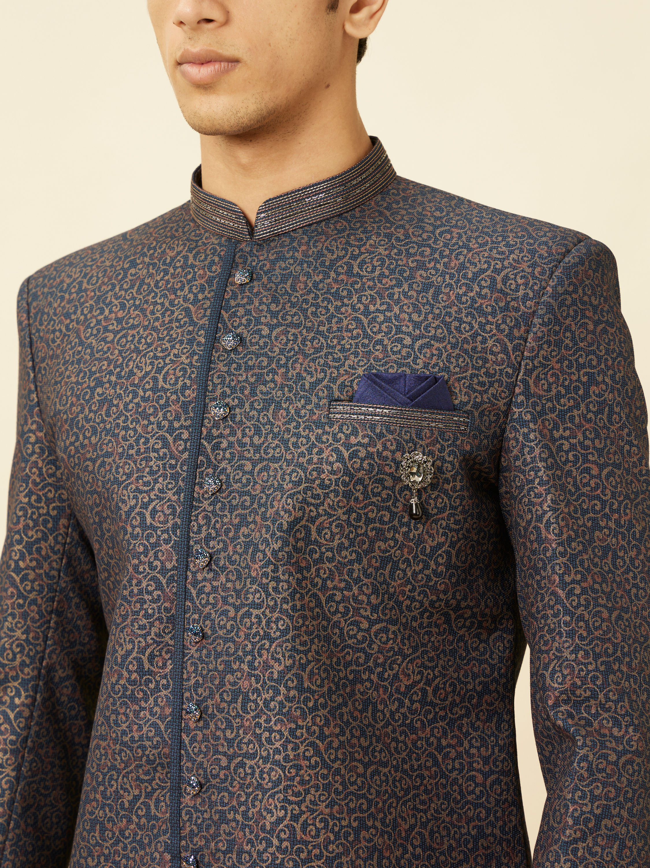 Manyavar Men Royal Blue Bel Buti Patterned Indo Western Set