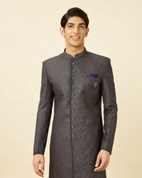 Manyavar Men Royal Blue Bel Buti Patterned Indo Western Set