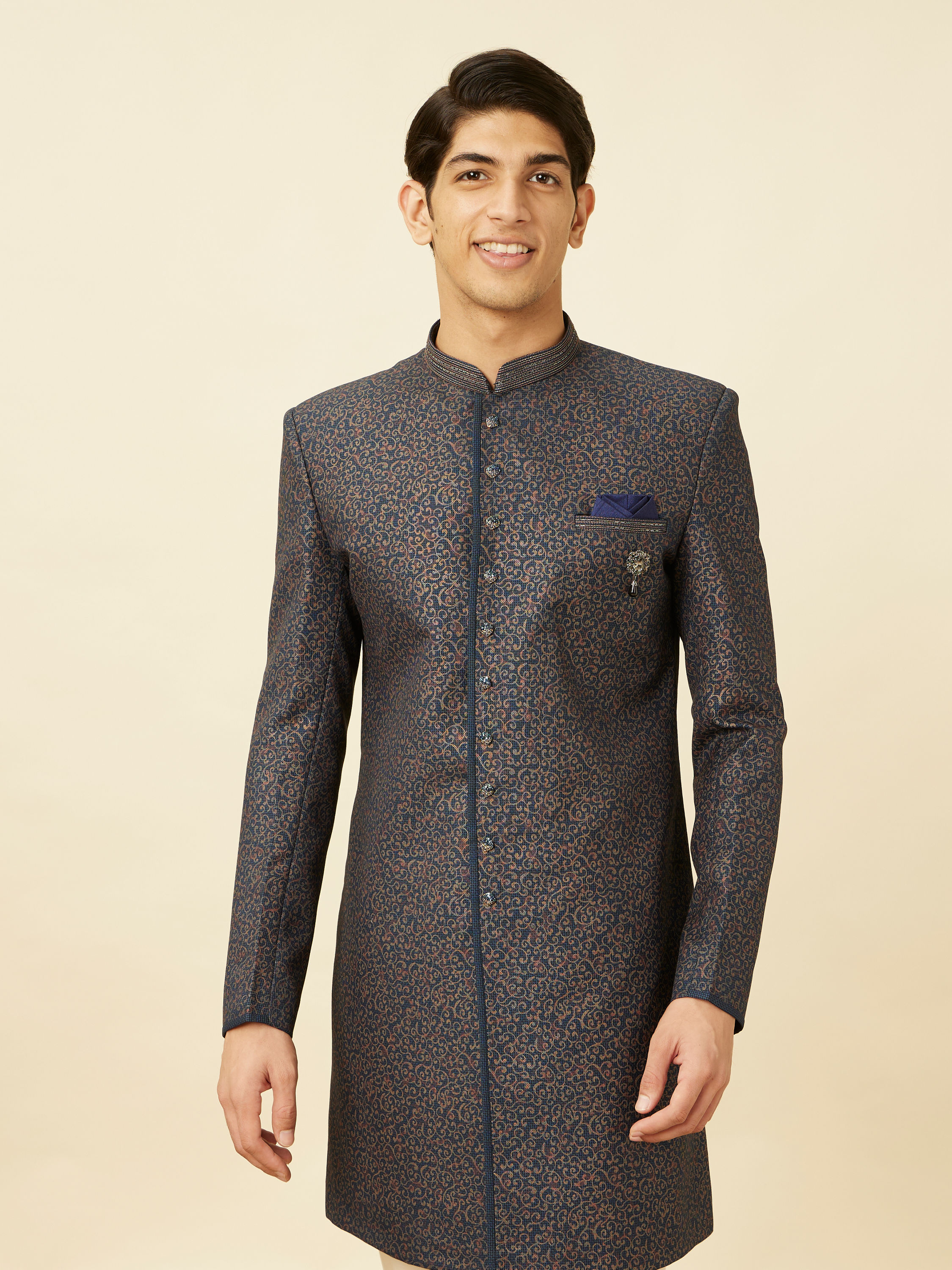 Manyavar Men Royal Blue Bel Buti Patterned Indo Western Set