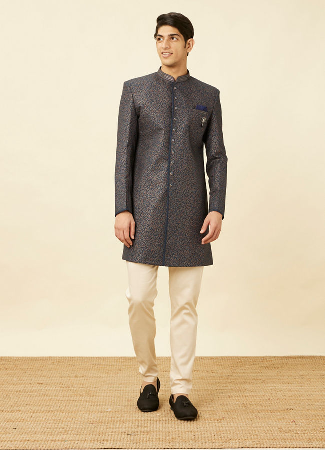 Manyavar Men Royal Blue Bel Buti Patterned Indo Western Set