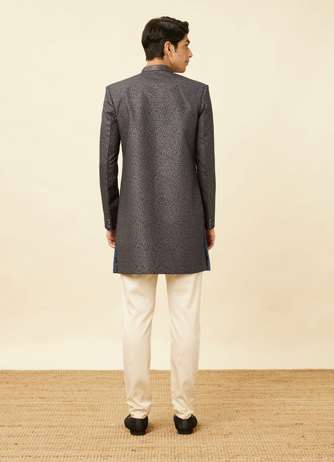 Manyavar Men Royal Blue Bel Buti Patterned Indo Western Set
