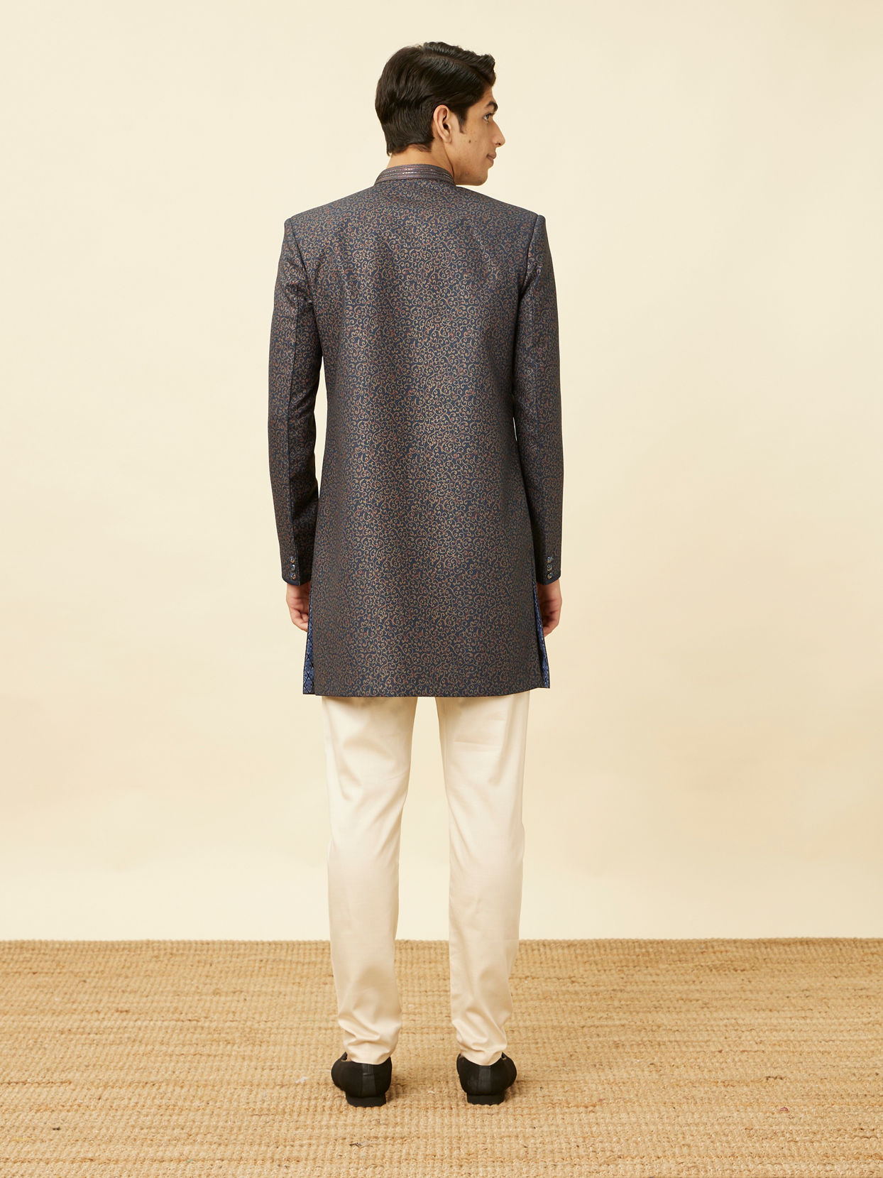 Manyavar Men Royal Blue Bel Buti Patterned Indo Western Set