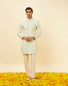 Manyavar Men Sea Green Ogee Patterned Indo Western Set