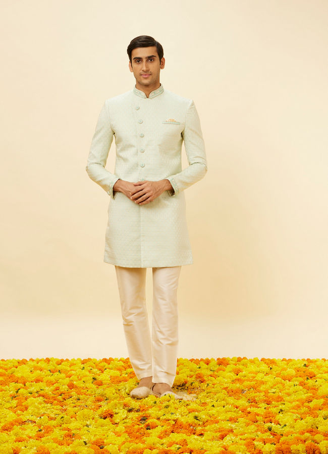 alt message - Manyavar Men Sea Green Ogee Patterned Indo-Western Set image number 2